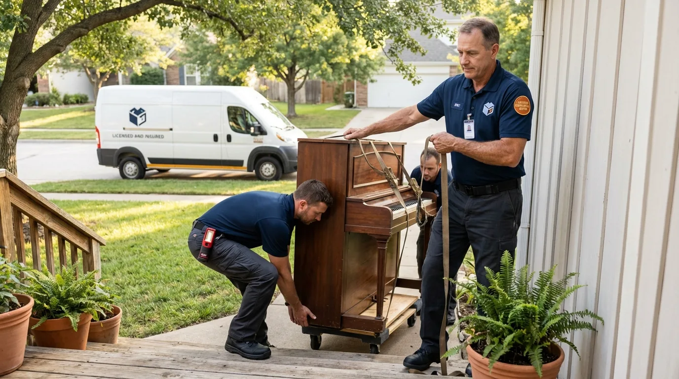 Licensed piano movers securing grand piano in Hermosa Beach, CA