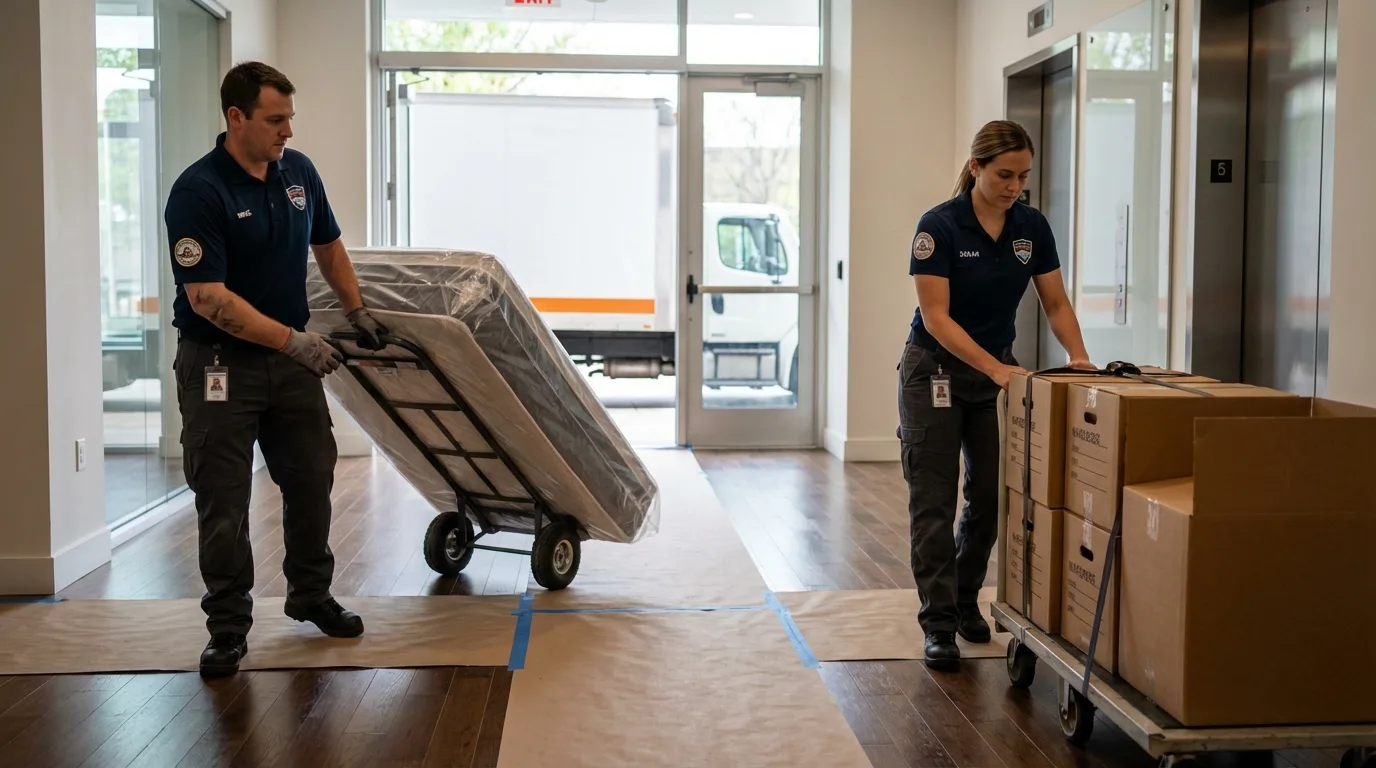 Professional apartment movers loading elevator in Hermosa Beach, CA